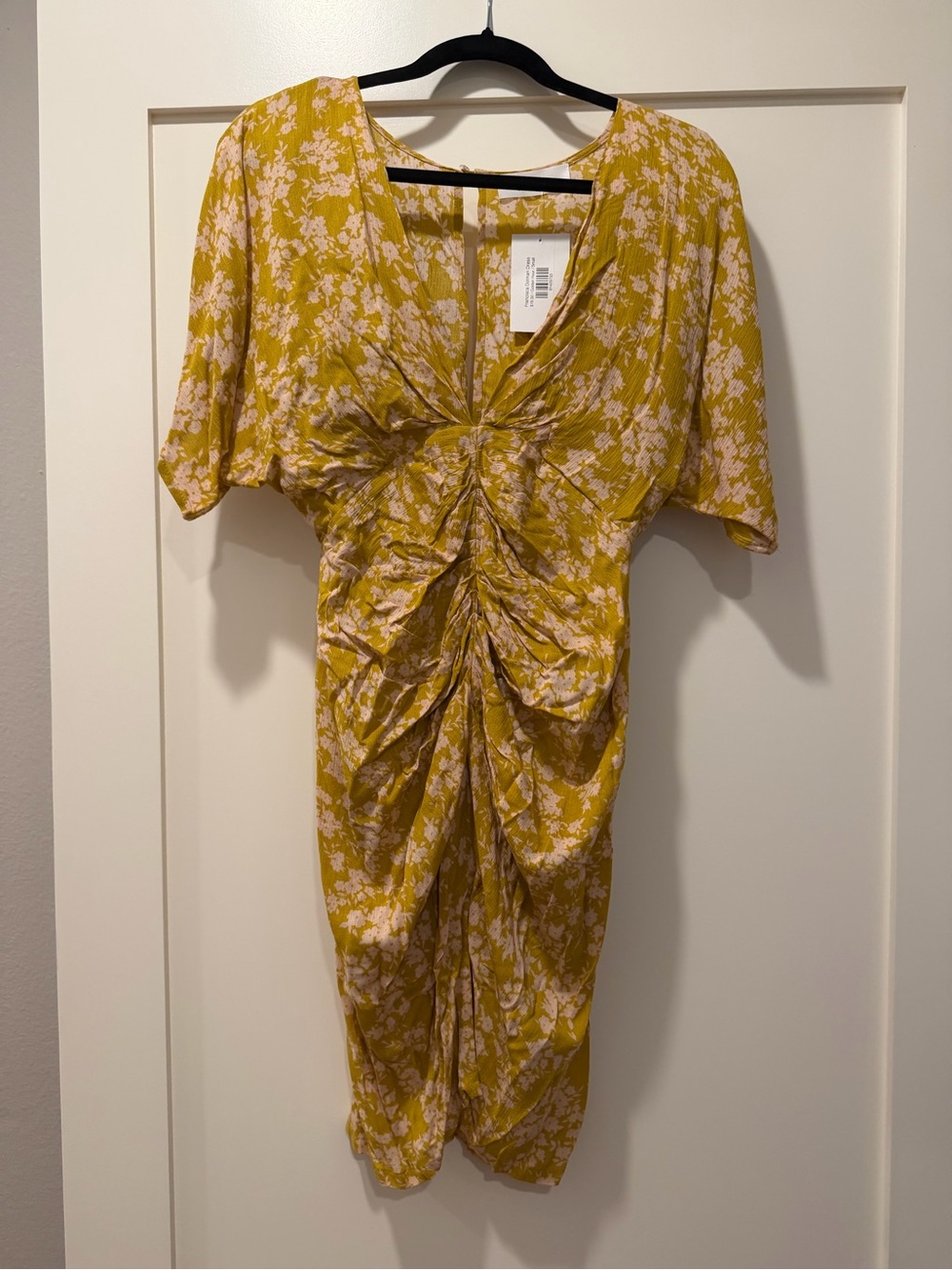 Le reveur  Mustard Ruched V-Neck Midi Dress